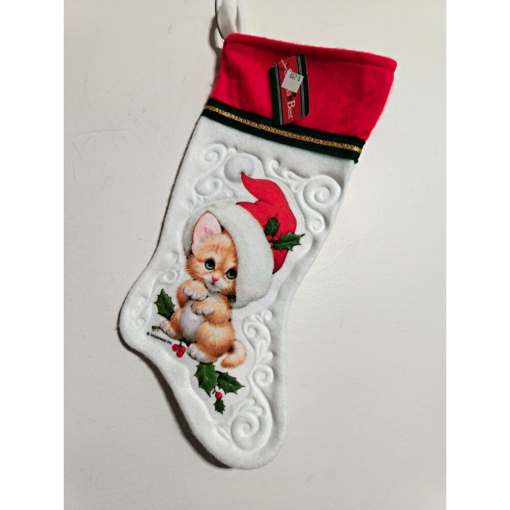 Vintage 1980's Felt Cat Dog raccoon puppy & Santa Christmas Stockings Set of (5)